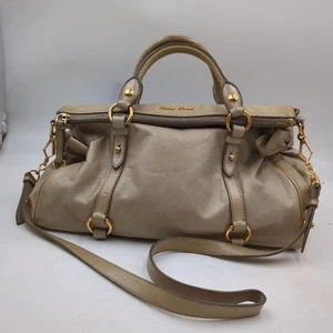 Miu Miu Vitello Lux 2Way Handbag Beige Leather Shoulder Bag Side Ribbon Authenti - Picture 1 of 15
