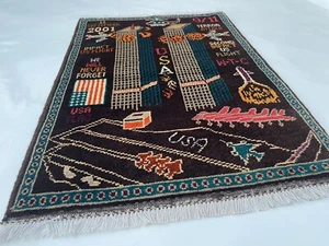 89x64cm Ethnic rug Afghan War Art rug Wool war Rug 9/11 Tribal handicrafts #282 - Picture 1 of 2