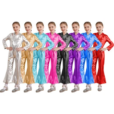 Kids Girls Metallic Jumpsuit Overalls Halloween Cosplay Bodysuit Fancy Dress Up - Image 1 of 3