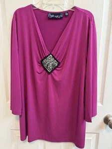Susan Graver Style XL Pink V-neck Top With Center Beaded Detail 3/4 Sleeve New - Picture 1 of 11