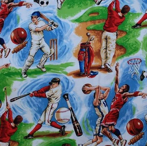 BonEful FABRIC FQ Cotton Quilt White Blue Green Sport Baseball Golf Soccer Boy L - Picture 1 of 13