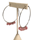 Large Hoop Silver Colored Earrings w/5 Pink Beads Attached per earring-Leverback