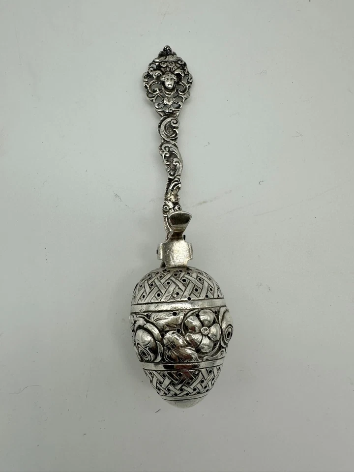 Tea Ball Infuser Spoon. German 800 Silver. Repousse Floral, Pierced Handle. 6" - Image 1 of 4