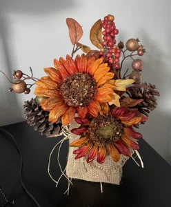 Orange Sunflower Centerpiece Faux Flower Floral Arrangement in Burlap Autumn - Picture 1 of 5
