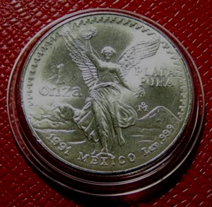 1991 SILVER MEXICO 1 ONZA LIBERTAD 1 OZ..999 SILVER in Capsule-Better Date-ge - Picture 1 of 4