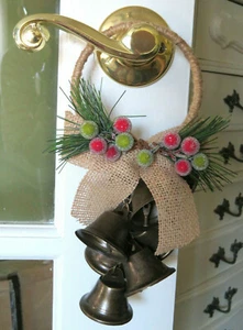 Primitive Christmas Jingle Bells Bell Door knob Ringer Hanger Winter Berry Sprig - Picture 1 of 5