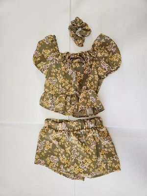 Наряд для девочек с цветочным принтом — подходящий топ, шорты и резинка для волос — размер 8 - Изображение 1 из 4