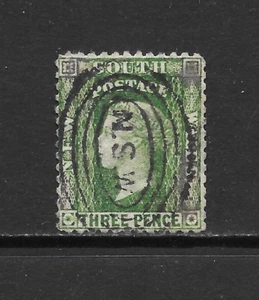 NEW SOUTH WALES SCOTT 37b USED FINE - 1860 3p DEEP GREEN ISSUE - QUEEN VICTORIA - Picture 1 of 2