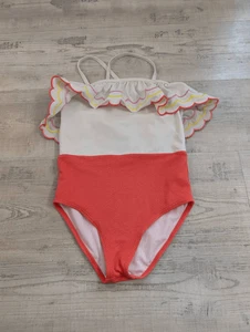 Janie and Jack Embroidered Ruffle Color Block One Piece Swimsuit girl's 7 white - Picture 1 of 7