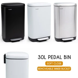 Stainless Steel Rectangular Pedal Bin With Soft Close Lid Waste Bin - 30L - Picture 1 of 33