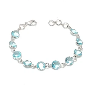 Aquamarine Gemstone Handmade 925 Sterling Silver Jewelry Bracelet Size 7-8" - Picture 1 of 1