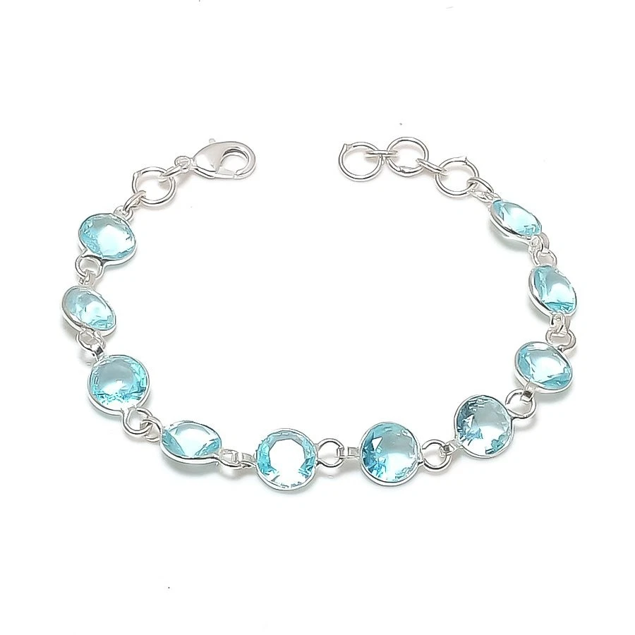 Aquamarine Gemstone Handmade 925 Sterling Silver Jewelry Bracelet Size 7-8" - Image 1 of 1