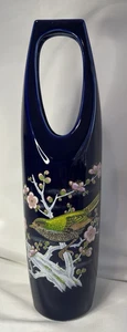 Blaue Kobalt Porzellan Vase handbemalt grüner Vogel auf Ast - Japan - Bild 1 von 7