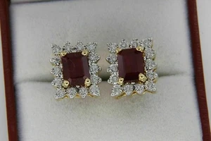 3.2Ct Emerald Lab Created Ruby Push Back Halo Stud Earrings 14K Yellow Gold Over - Picture 1 of 1