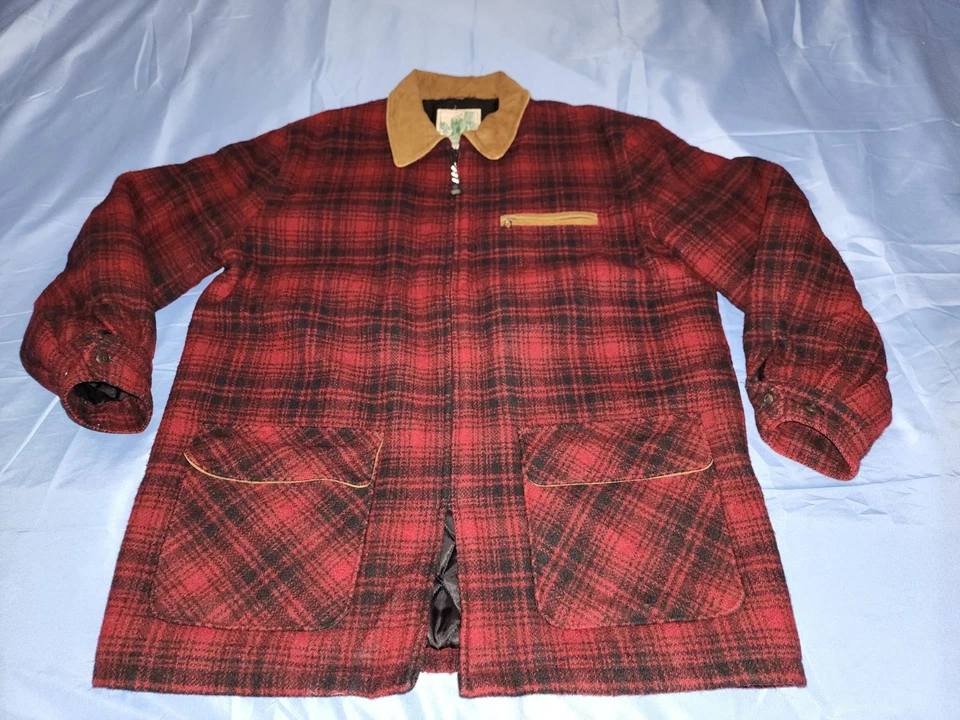 DE COLECCIÓN OSO DORADO HOMBRE LANA CUADROS ACOLCHADO FORRADO ABRIGO CHAQUETA ROJO/NEGRO CON GAMUZA Foto 1 de 4