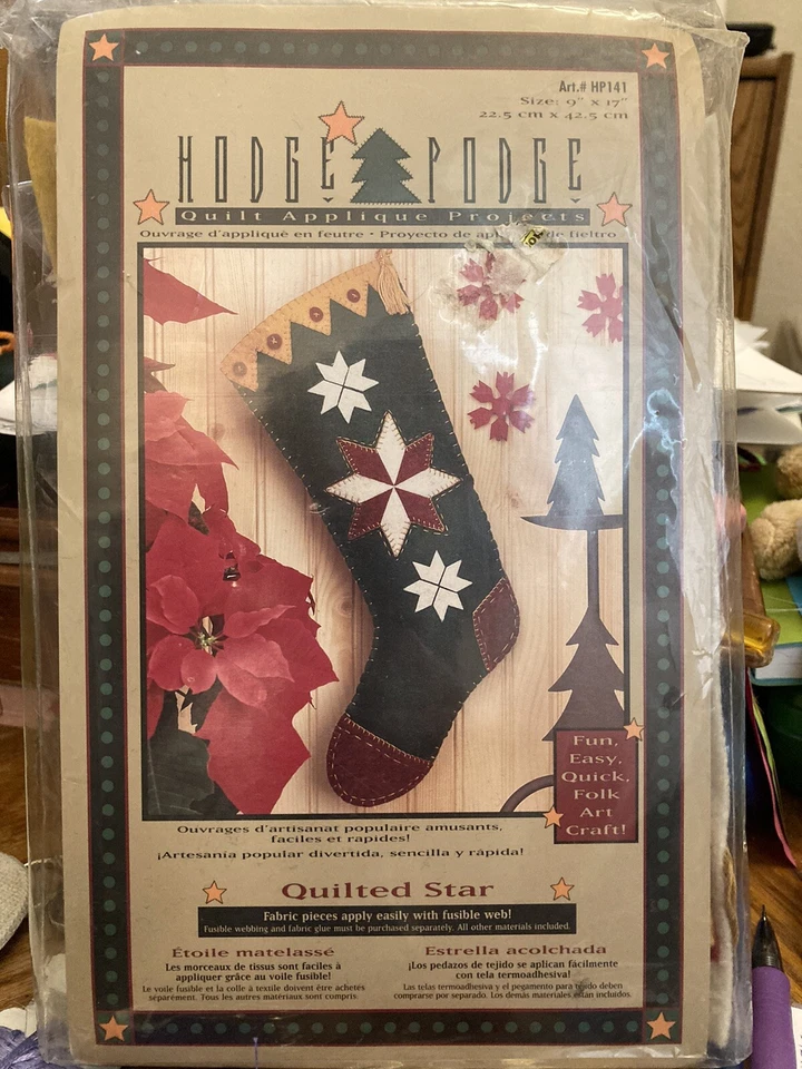 Hodge Podge Quilt Applique Project Kit Quilted Star Christmas Stocking 9 X17