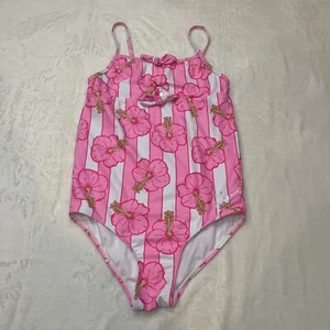 Betsey Johnson Girls Size 14 One Piece Swim Suit Pink Hibiscus Flowers Bright - Picture 1 of 11