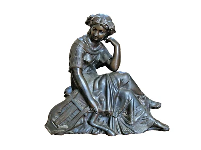 Antique Cast Metal Spelter Woman w Harp/Lyre Shelf or Mantle Clock Topper ONLY - Image 1 of 4