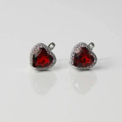 WHITE GOLD FINISH Red Ruby Created Diamond Heart Cut Droplet Earrings - Image 1 of 4