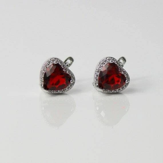 WHITE GOLD FINISH Red Ruby Created Diamond Heart Cut Droplet Earrings - Image 1 of 4