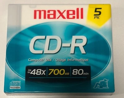 Maxell CD Recordable Media - CD-R - 48x-700 MB - 5 Pack Slim Jewel Case Sealed! - Image 1 of 4