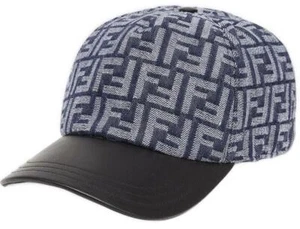 NEW FENDI FF BLUE DENIM BLACK LEATHER BASEBALL CAP HAT UNISEX ADJUST ONE SIZE - Picture 1 of 8