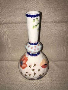 Poppy Flower Colorful Art Vase With Cobalt Blue Scroll Accents Boho - Picture 1 of 9
