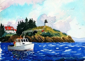 Faro cabeza de búho costa de Maine Penobscot bahía acuarela estampados artísticos enmarañados - Imagen 1 de 2