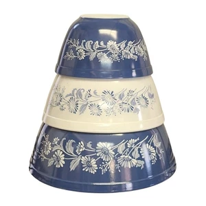 Pyrex Colonial Mist Stapelschalen 3er Set 401 402 403 blau & weiß Vintage - Bild 1 von 17