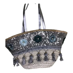 Pia Rossini sequin wicker tote bag NWT beachbag Resort Wear Boho oversized Bag - Picture 1 of 6