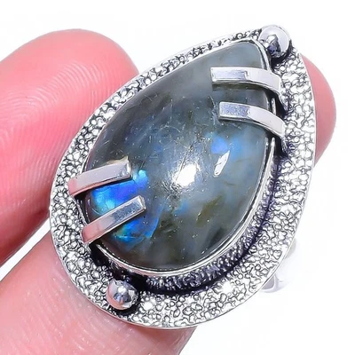 Anillo de joyería de plata de ley 925 hecho a mano con piedras preciosas de labradorita talla 8,5 Foto 1 de 4
