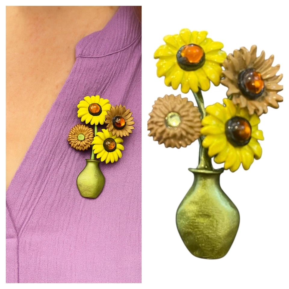 Enamel Flower Bouquet Brooch Pin Green Vase Yellow Brown Sunflowers Rhinestone - Image 1 of 4
