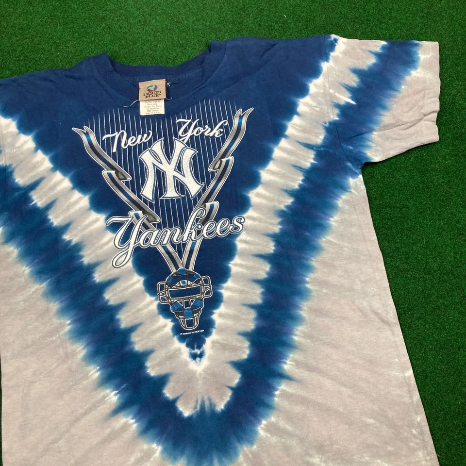 Винтажная Жидкая Синяя Рубашка New York Yankees Мужская M Синяя Серая 2004 Галстук Краситель Y2K Футболка - Изображение 1 из 4