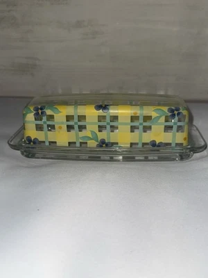 Clear and Patterned Glass Butter Dish with Lid Plaid Floral - Image 1 of 4