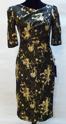 Vestido Rickie Freeman TERI JON Talla 4 Jacquard Metálico Negro Dorado Foto 1 de 4