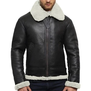 Men’s Black Shearling Leather Jacket – RAF B3 Aviator Flight Bomber Jacket New - Picture 1 of 8