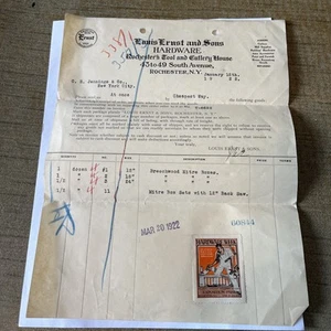 Rochester New York Hardware Receipt 1922 W/ Document Stamp - Picture 1 of 5