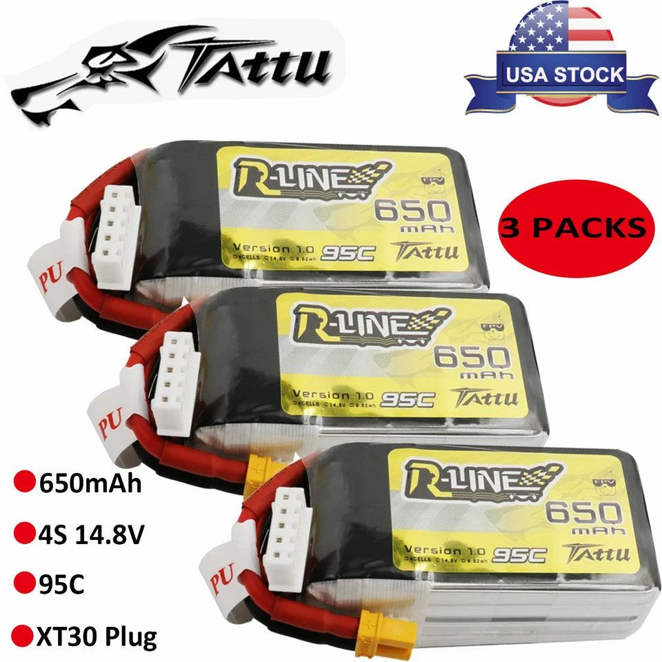 Batería 3 piezas Tattu 650mAh 14.8V 95C 4S Lipo XT30 para cuadricóptero de carreras FPV Drone Foto 1 de 4