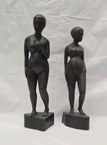 Coppia sculture in legno intagliato donna nuda legno nero vintage - Foto 1 di 24