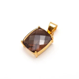 Natural Smoky Quartz Cushion Shape Pendant Solid Silver Gold Plated Boho Jewelry - Picture 1 of 10