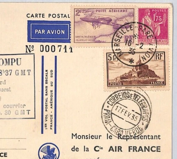 FRANCE Art 1935 Card AIR FRANCE *RAID INTERROMPU* Cachet CAPE VERDE Praia YZ130 - Image 1 of 4