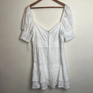 Alice + Olivia Women’s Crawford Eyelet Minidress Puff Sleeves Silk Blend Size 14 - Picture 1 of 15