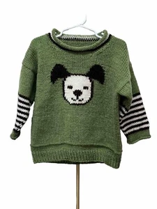 Handknitted Roo Designs Puppy Green Kids Sweater Rolled Neck Size 4-5 Striped - Picture 1 of 5