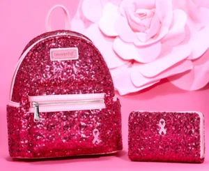 Mochila y billetera Loungefly Breast Cancer Research EXCLUSIVA rosa cinta lentejuelas - Imagen 1 de 9