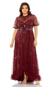 Mac Duggal Bordeaux Burgundy Wine Beaded Floral Short Sleeve Gown 24W $598 - Picture 1 of 3