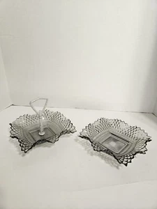 2 INDIANA Smokey Gray Glass Square Ruffled Diamond Point Candy/Nut Dish Bowll - Picture 1 of 12