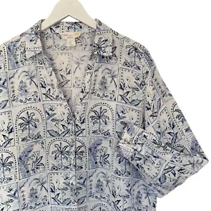 C&C California 100% Linen Tropical Print Button Down Top Blue & White Large EUC - Picture 1 of 11