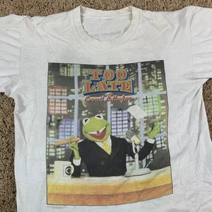 Camicia vintage Kermit taglia L troppo tardi con letterfrog parodia Muppets anni 90 Letterman Jim - Foto 1 di 18