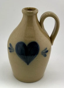 Vintage Rustic Stoneware Jug, Hand-Painted Blue Heart, Salt glaze Handle 6 In - Picture 1 of 5