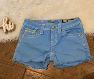 MIiss Me Jean Shorts JK5418H3 Sky Blue Embellished Pockets Size 14 Back Flap - Picture 1 of 8
